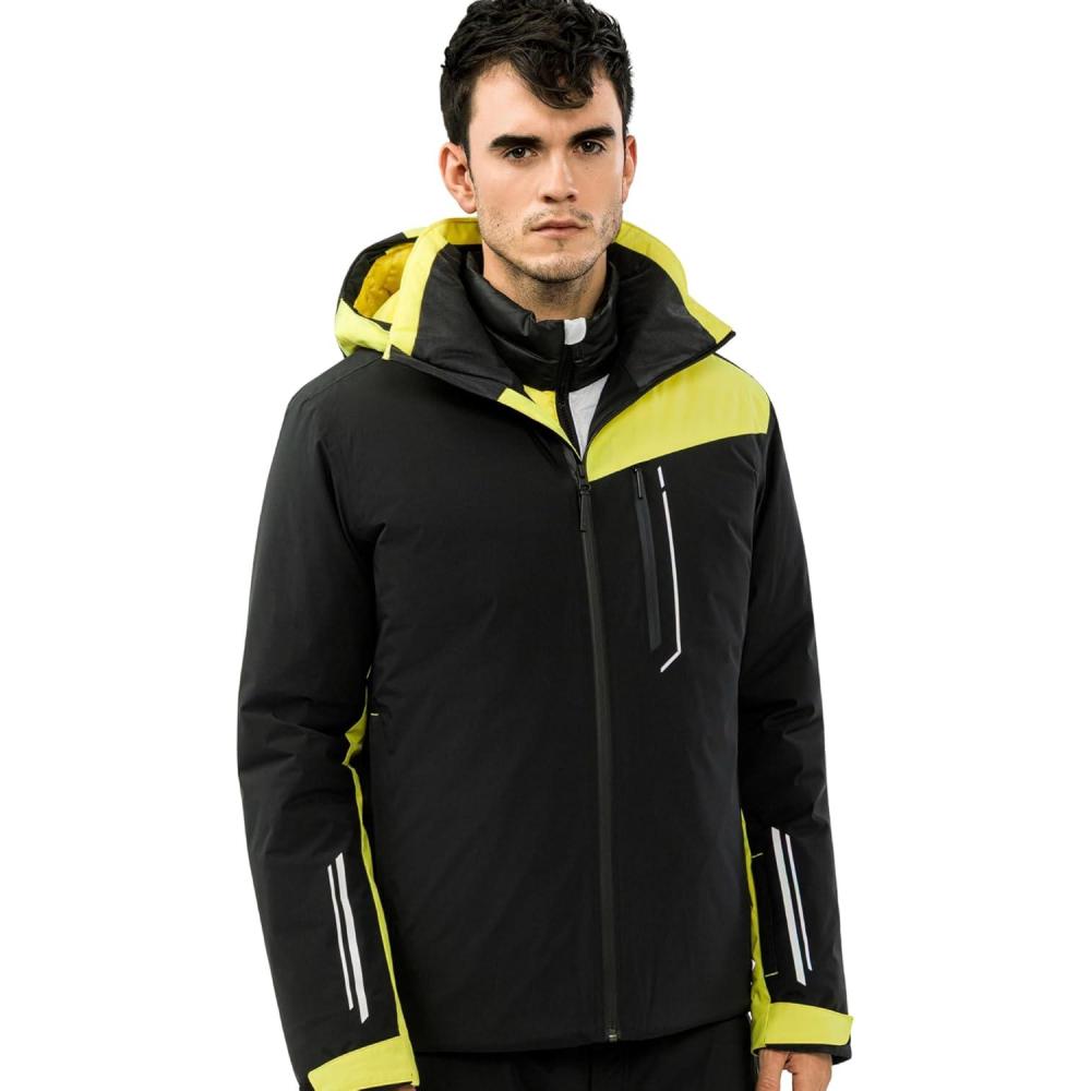 imageHEAD Mens Supershape Insulated Ski Jacket Waterproof Stretch Fabric Detachable Hood amp Snow GaiterBlack Luminous Yellow
