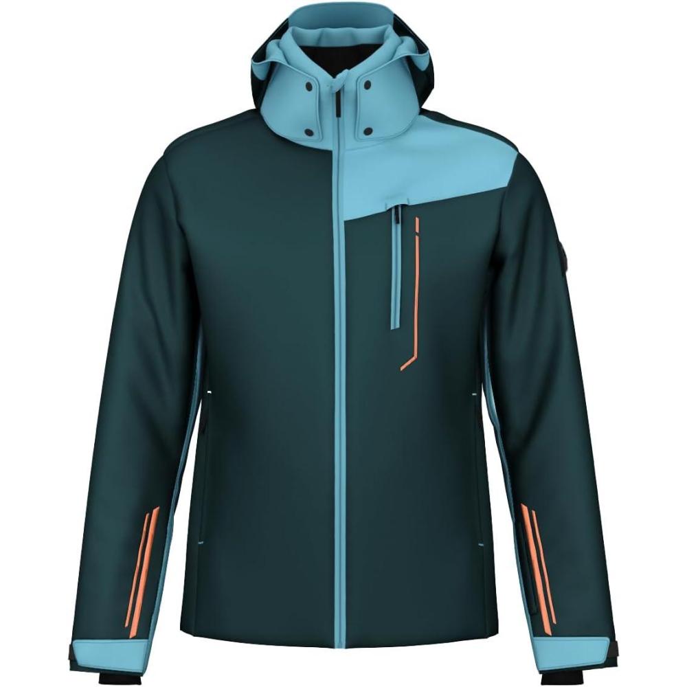 imageHEAD Mens Supershape Insulated Ski Jacket Waterproof Stretch Fabric Detachable Hood amp Snow GaiterDark Teal Sky Blue
