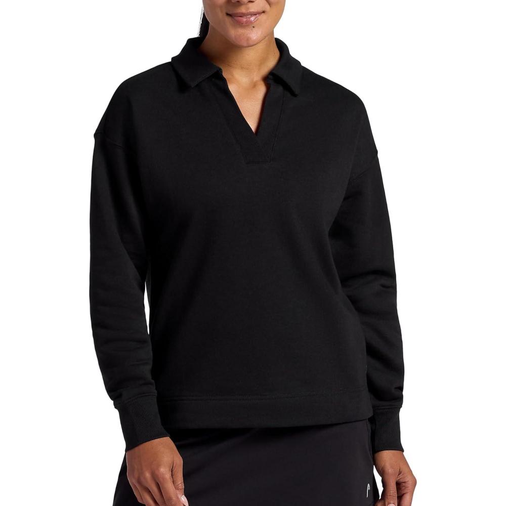 imageHead Womens Polo Crewneck Sweatshirt Relaxed Fit Heavyweight MaterialBlack