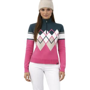 HEAD Women’s Coco Merino Wool Pullover – Quarter Zip, Argyle Knit, Après-Ski & Everyday Style(Dark Teal Dark Pink)